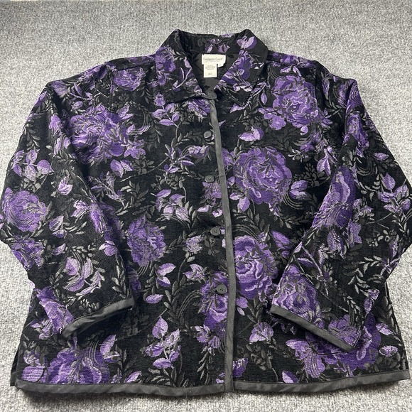 Coldwater Creek Jackets & Blazers - Coldwater Creek Womens L Purple Black Floral Chenille Jacquard Jacket Art H08433